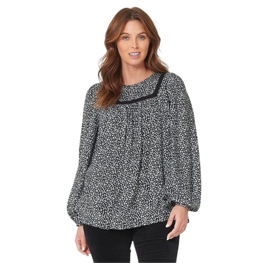 Be You Womens/Ladies Floral Viscose Yoke Neck Balloon Sleeve Blouse / Black/Crea